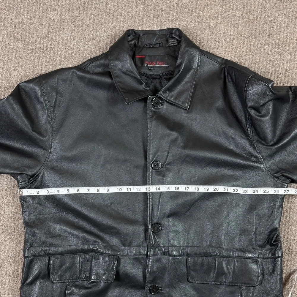 VTG Black Genuine Leather Jacket Men’s XL Button Front Collared Drawstring Waist